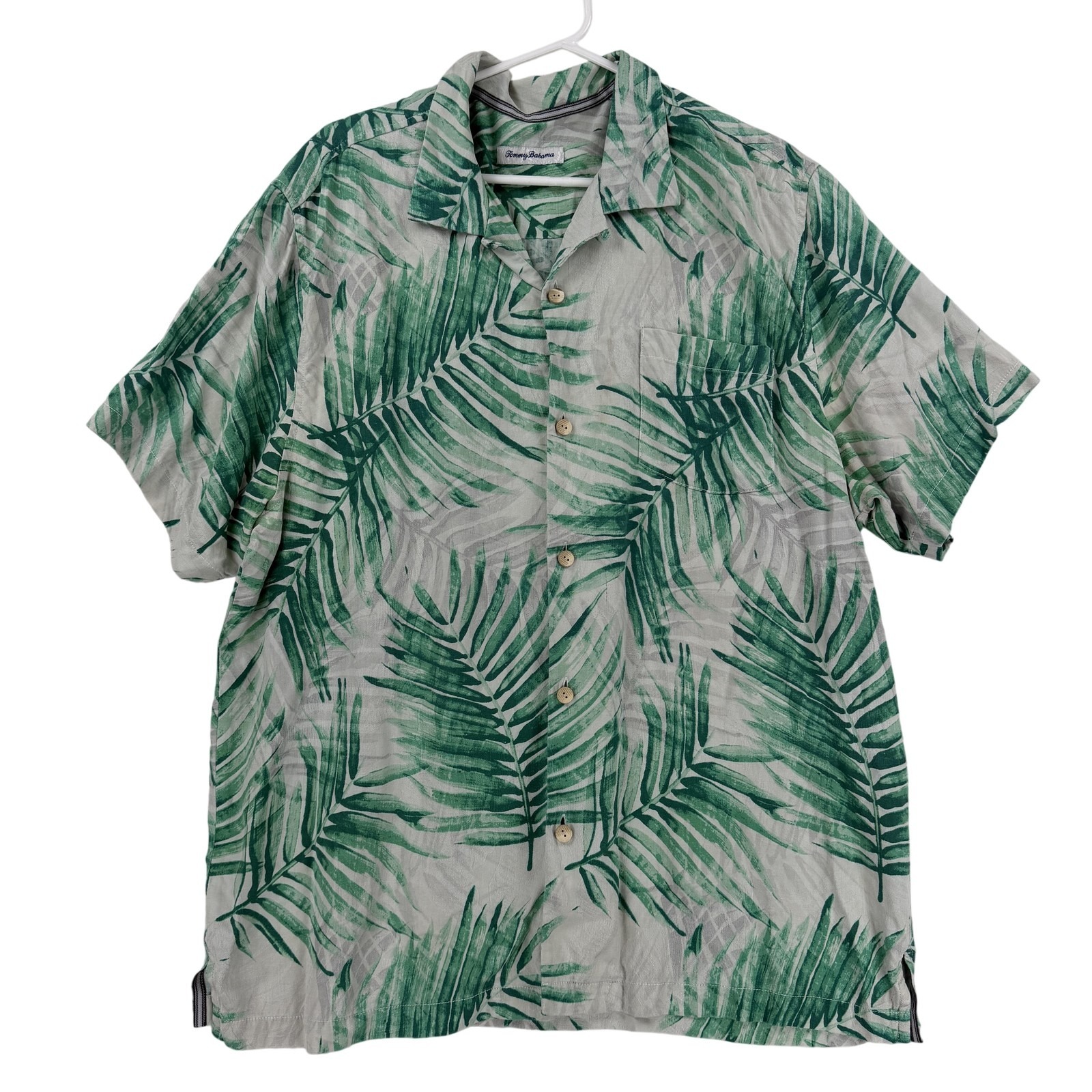Tommy Bahama Shirt Mens Xl Green Silk Hawaiian Leaf Short Sleeve Button Front